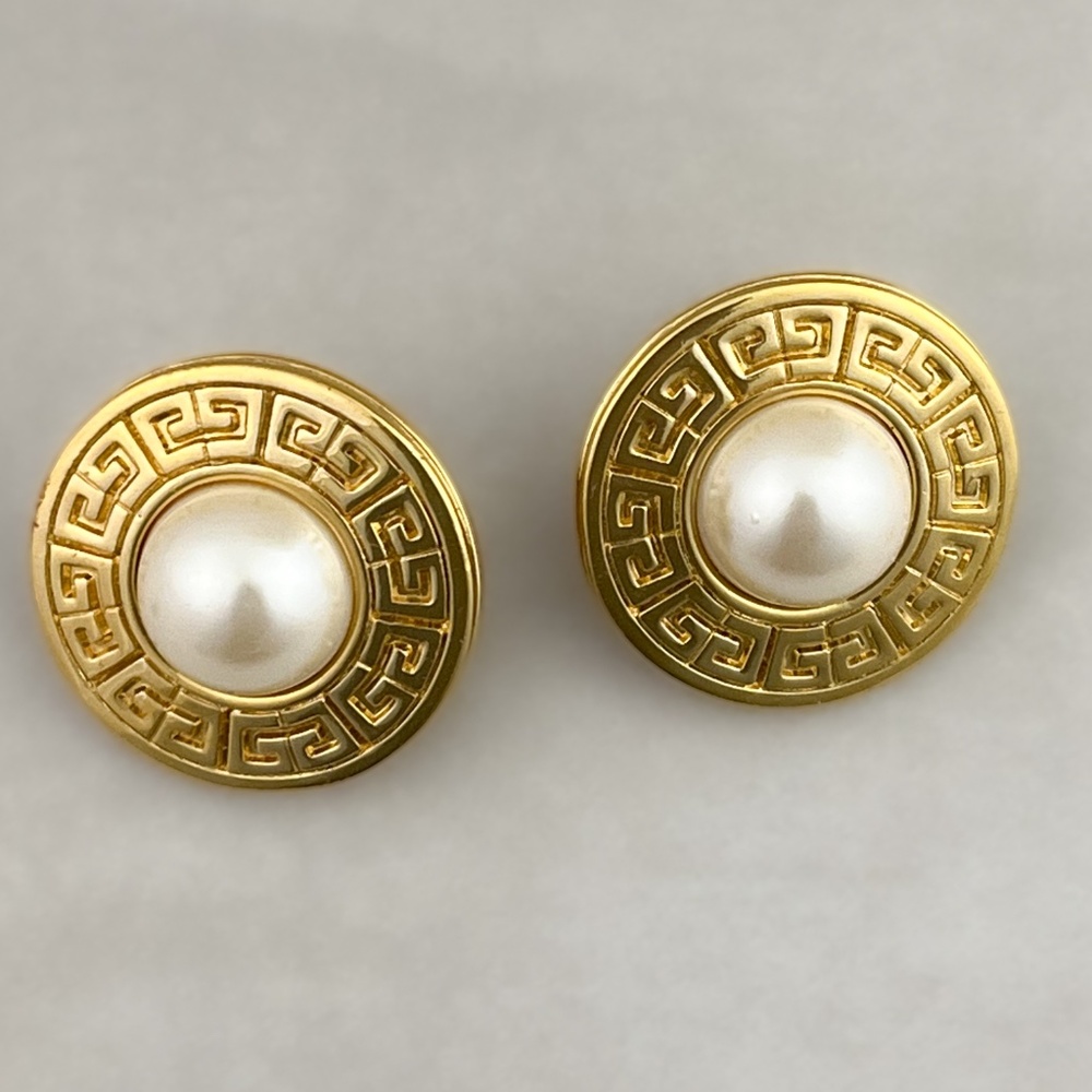 1980s Vintage Gold Tone Givenchy Logo Earrings With White Faux Pearl Cabochons